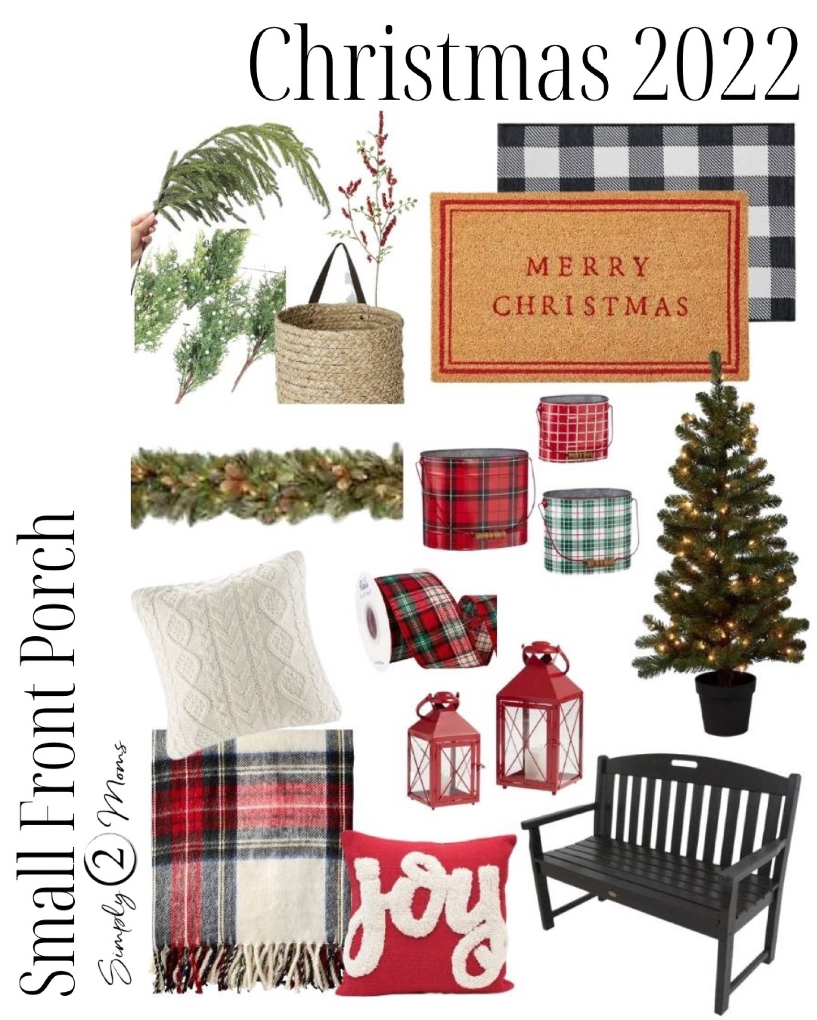 Decorate a small front porch in style! Pops of red and colorful plaid add a classic look to your entryway. Layered doormat, bench with cozy throw blanket and pillows, lighted greenery around the doorway and faux Christmas trees in DIY planter boxes. Add a hanging basket from your front door filled with greenery instead of a traditional wreath. Candle lanterns, plaid ribbon and pail buckets add more holiday spirit. 
#Christmasfrontporch #Christmasdecor #christmasporch

#LTKHoliday #LTKSeasonal #LTKhome