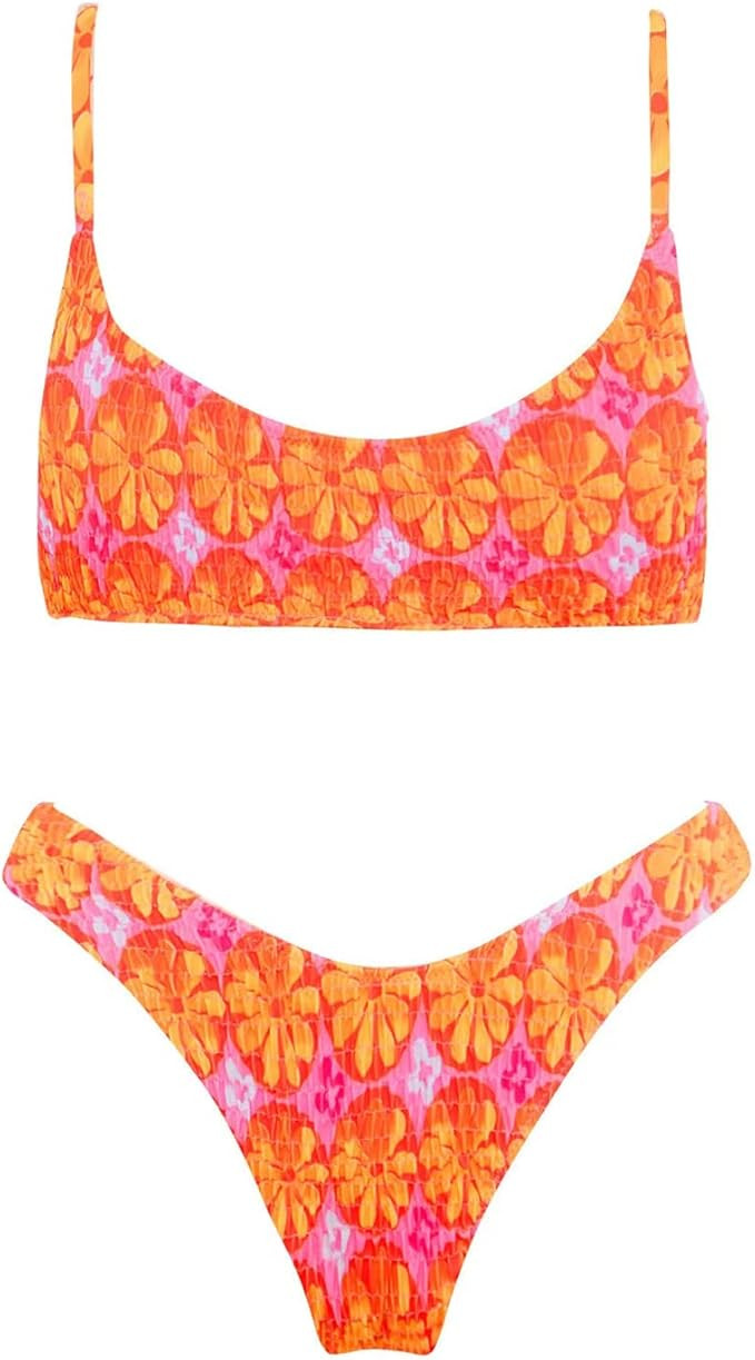 VOLAFA Women's Triangle Bikini Set Smocked Textured Scoop Frilled Print Ruched Elastic Swimsuit T... | Amazon (US)