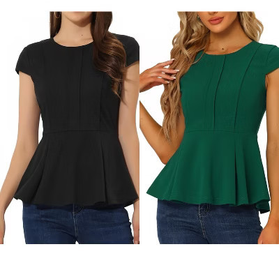 INSPIRE CHIC Women's Elegant Round Neck Cap Sleeve Solid Color Peplum Blouses 2 Packs Green/Black X-Large | Target