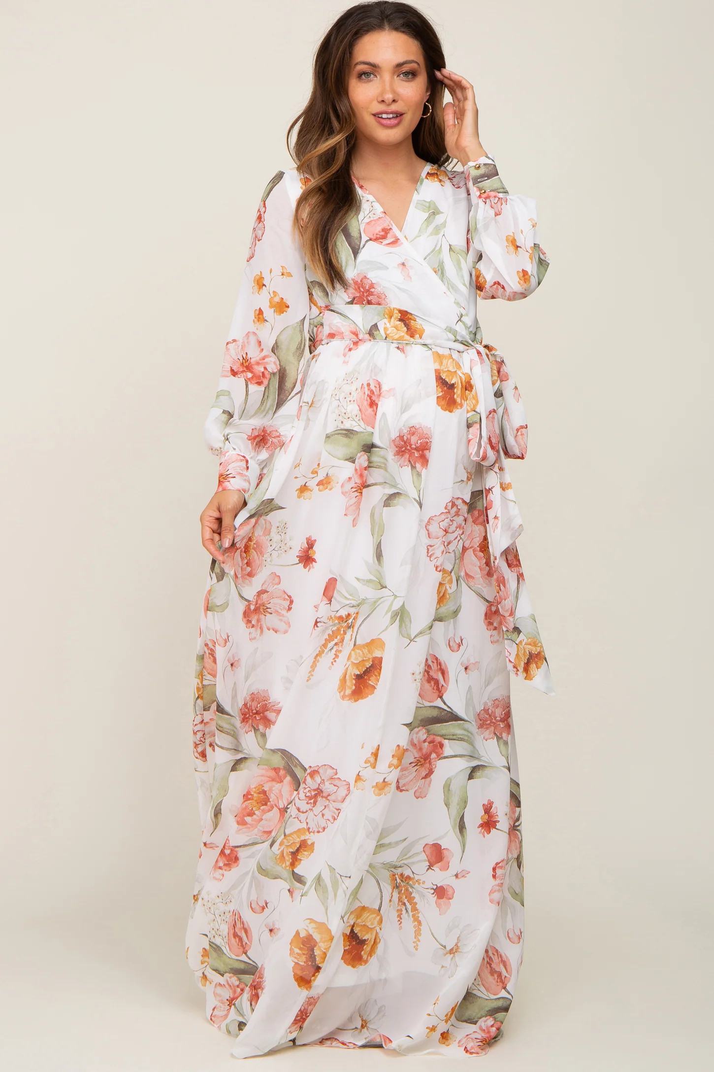 Ivory Floral Chiffon Long Sleeve Maternity Maxi Dress | PinkBlush Maternity