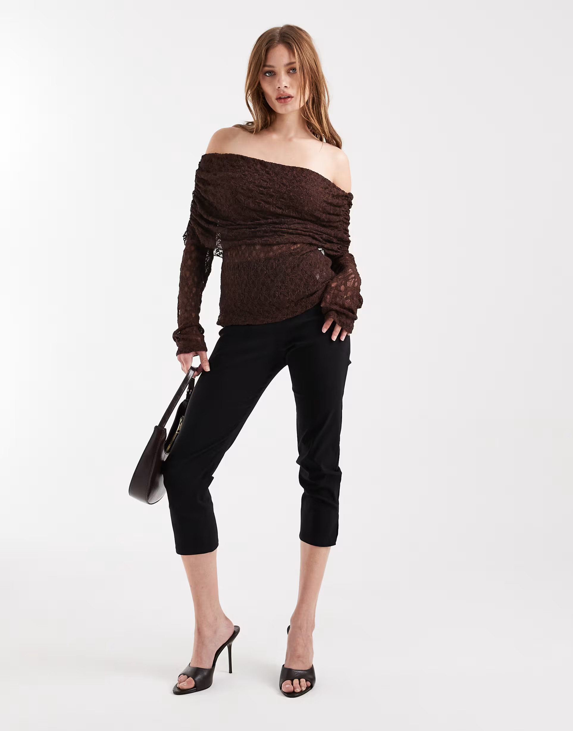 ASOS DESIGN lace fold over off shoulder top in chocolate | ASOS (Global)