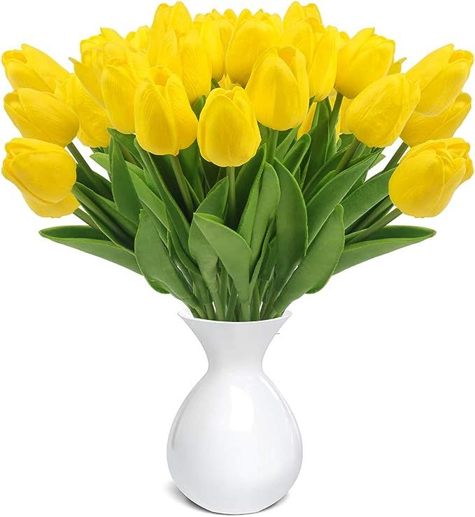 30pcs Real Touch Tulips Yellow PU Tulips Artificial Flowers for Wedding Home Decoration | Amazon (US)