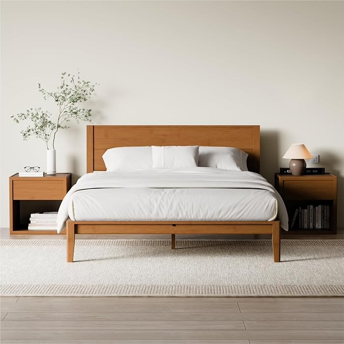 RECCI Queen Japanese Joinery Platform Bed Frame, Mid-Century with Tall Headboard, Noise-Free Soli... | Amazon (US)