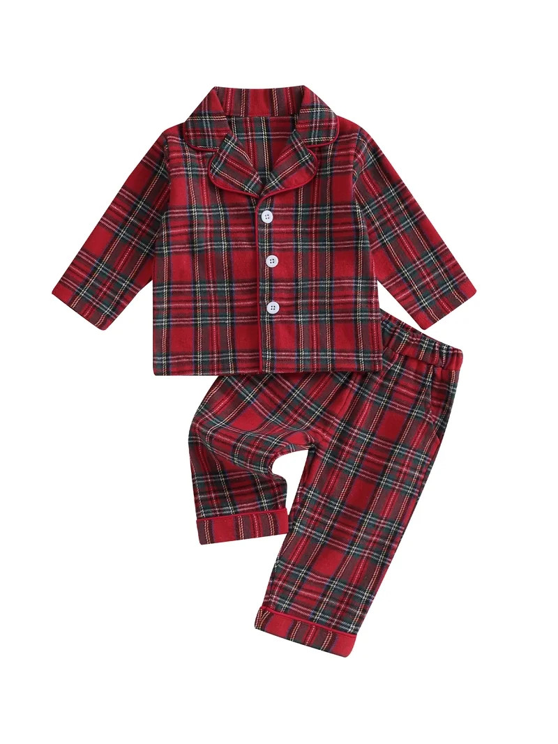 Toddler Boys Girls Christmas Pajamas Set Plaid Button up Long Sleeve Shirt and Pajama Pants Baby ... | Walmart (US)