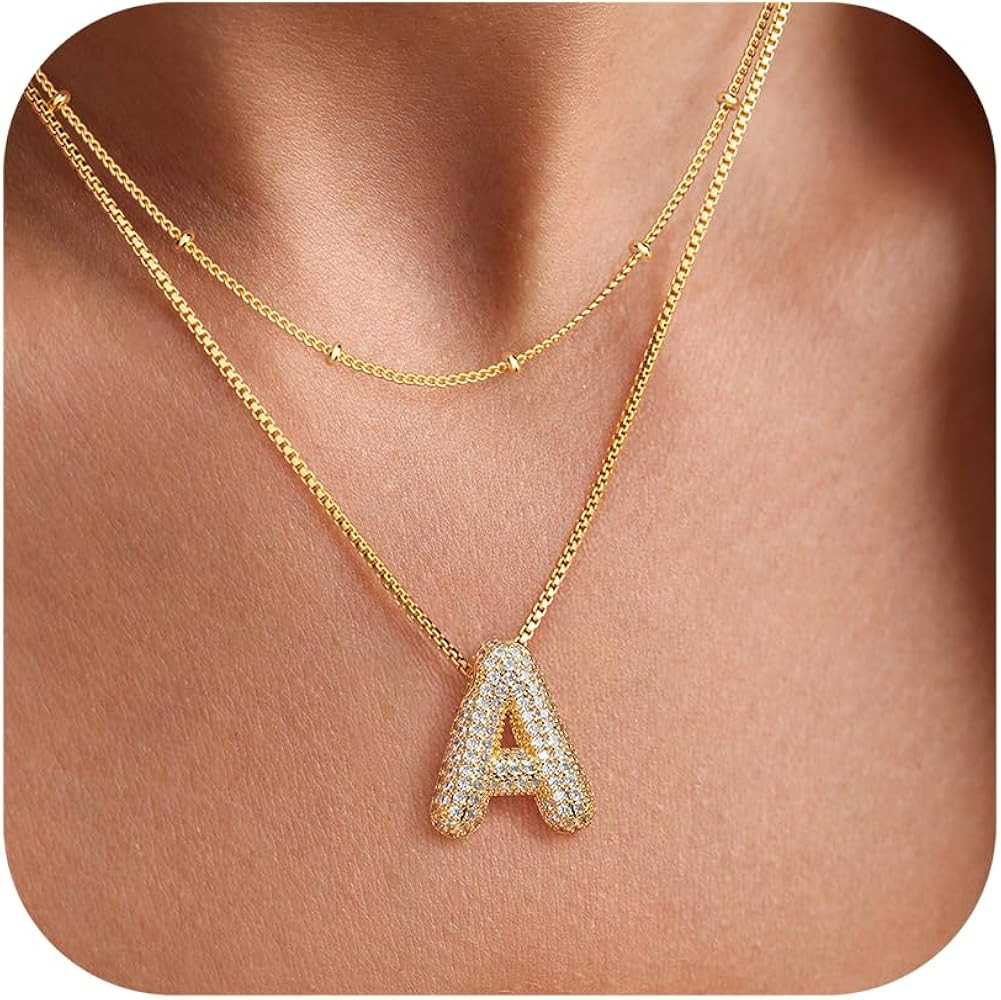 UHIBROS Bubble Letter Necklace, Gold Balloon Initial Necklaces for Women, Cubic Zirconia Dainty C... | Amazon (US)