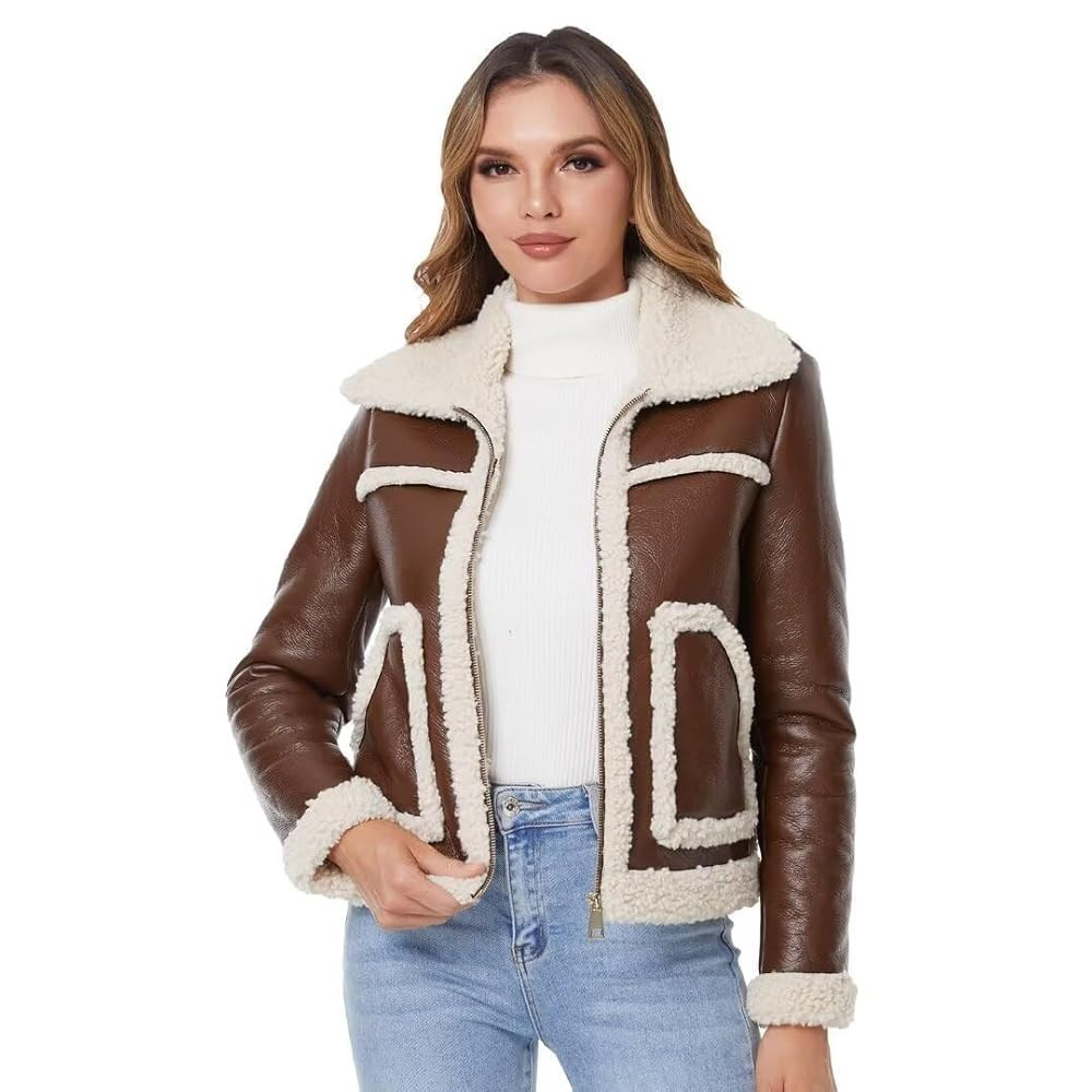 DIASHINY Women's Faux Shearing Fur Winter Coat Warm Thick Fur Lined Faux Leather Jacket | Amazon (US)