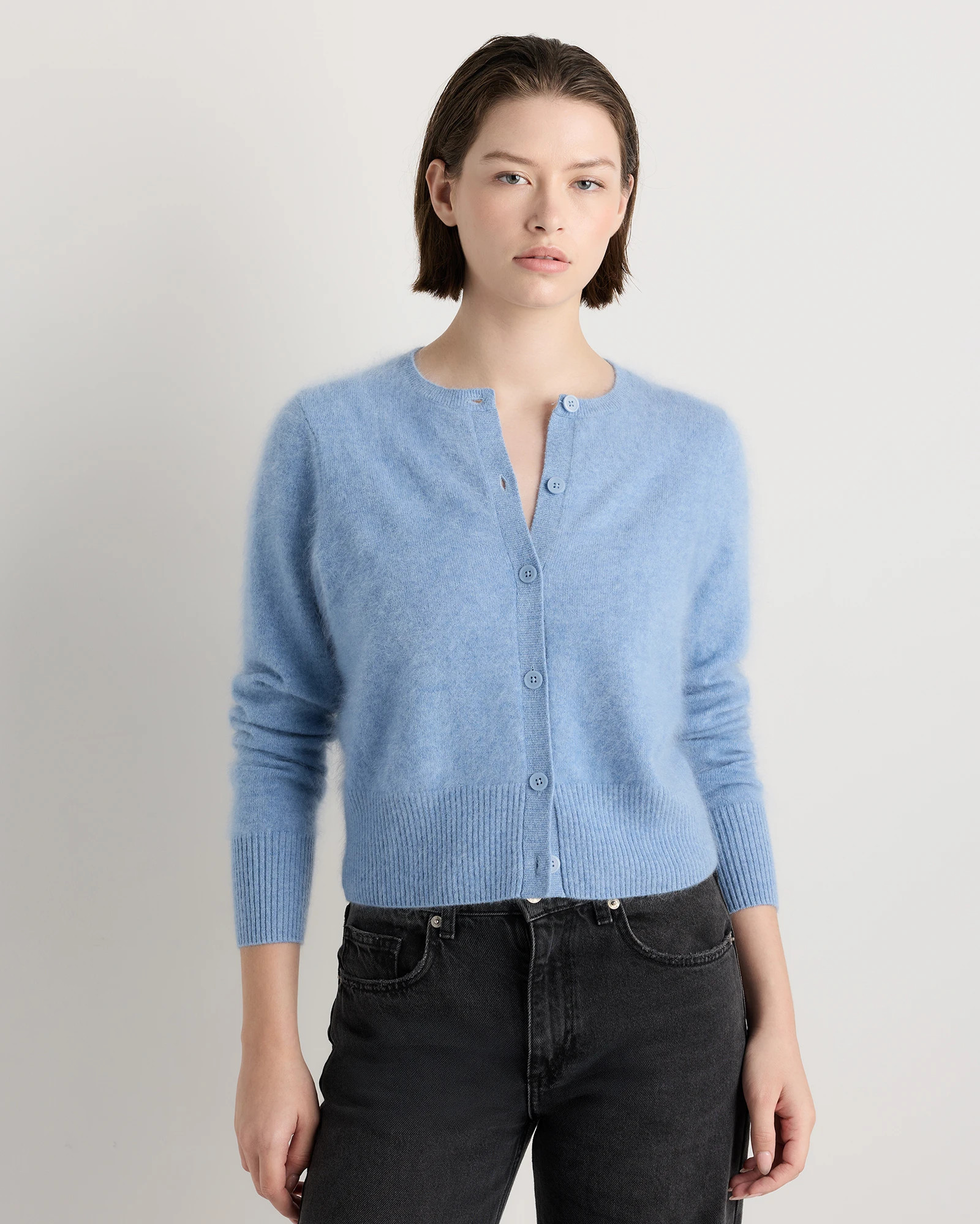 Quince | Women's Brushed Cashmere Cropped Crewneck Cardigan Sweater in Heather Charcoal, Size XL | Quince
