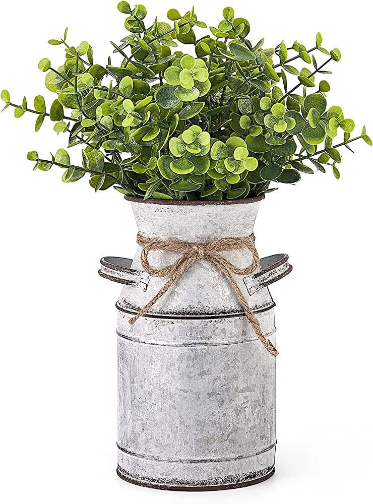 Dahey Metal Flower Vase with Artificial Eucalyptus Rustic Shabby Chic Milk Can Farmhouse Decor Ga... | Amazon (US)