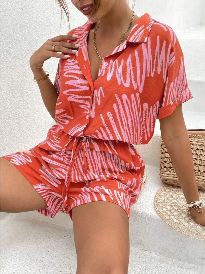 Brush Print Batwing Sleeve Knot Waist Shirt Romper | SHEIN