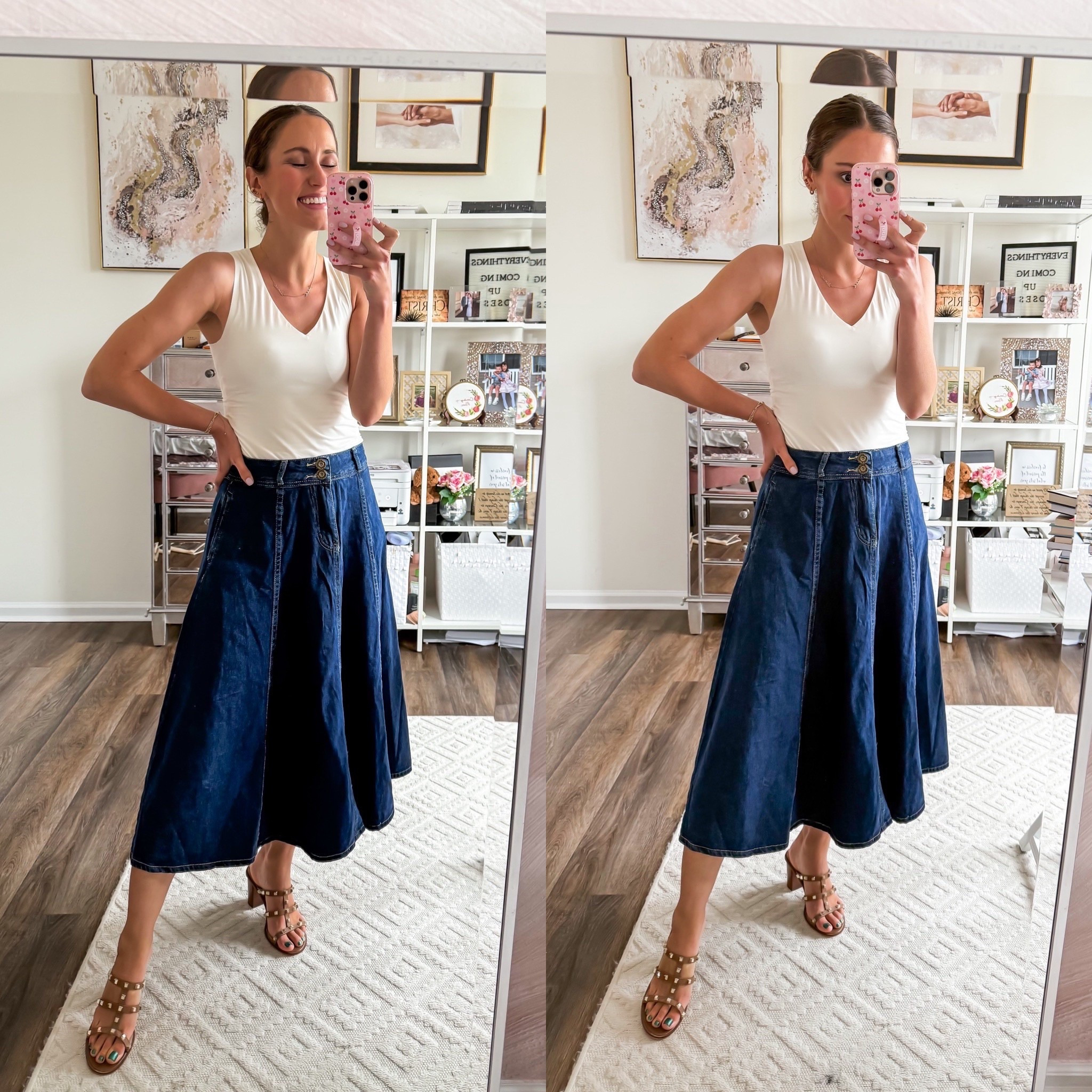 Spring outfit with Spanx bodysuit + midi denim skirt from Amazon 

#LTKSeasonal #LTKWorkwear