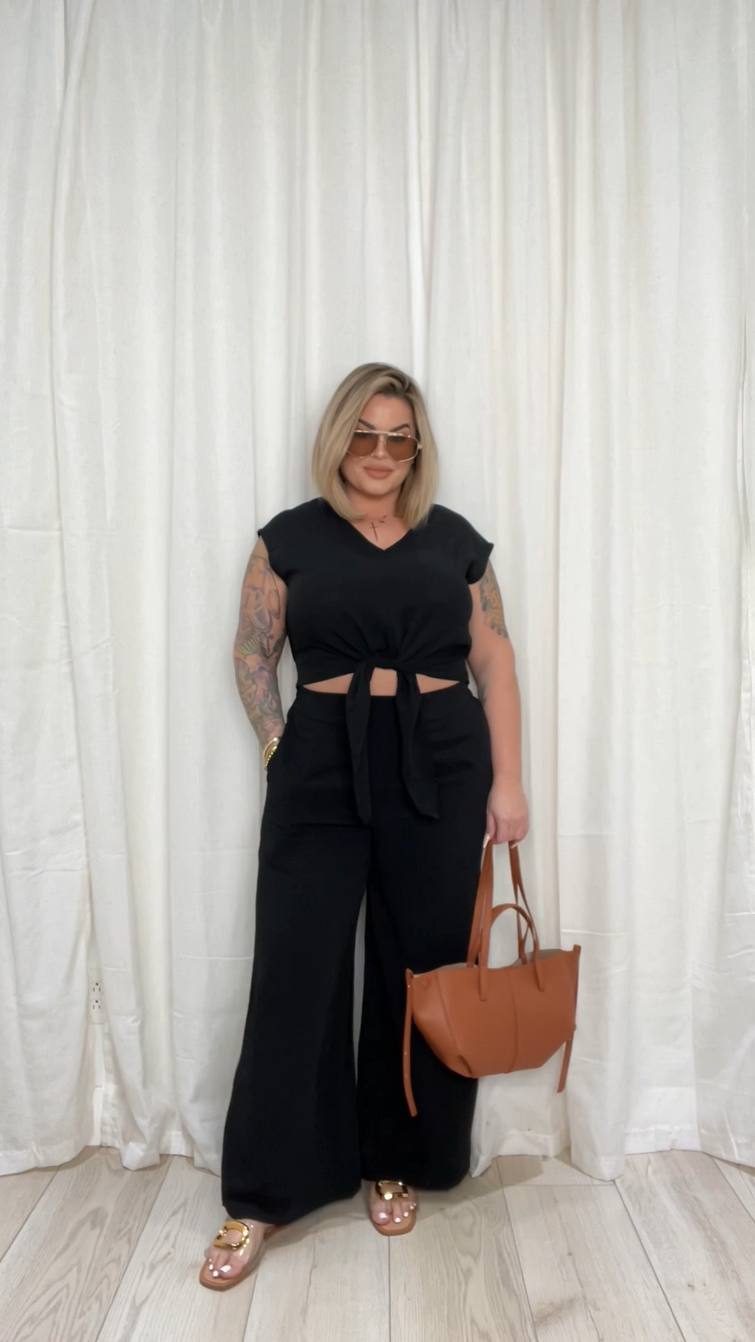 Amazon set xl I’m 5’5 perfect length with flats. 
Sandals are old from Zara 