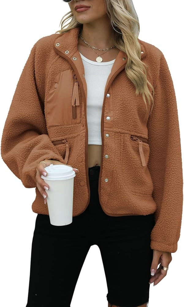 Womens Fleece Jacket Fuzzy Long Sleeve Short Coats Button Down Sherpa Outerwear with Pockets | Amazon (US)