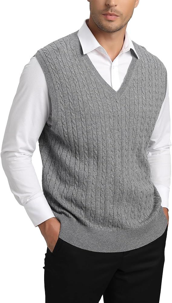 Kallspin Men’s Wool Blended Cable Knit Vest Sweater V Neck Relaxed Fit Sleeveless Pullovers | Amazon (US)