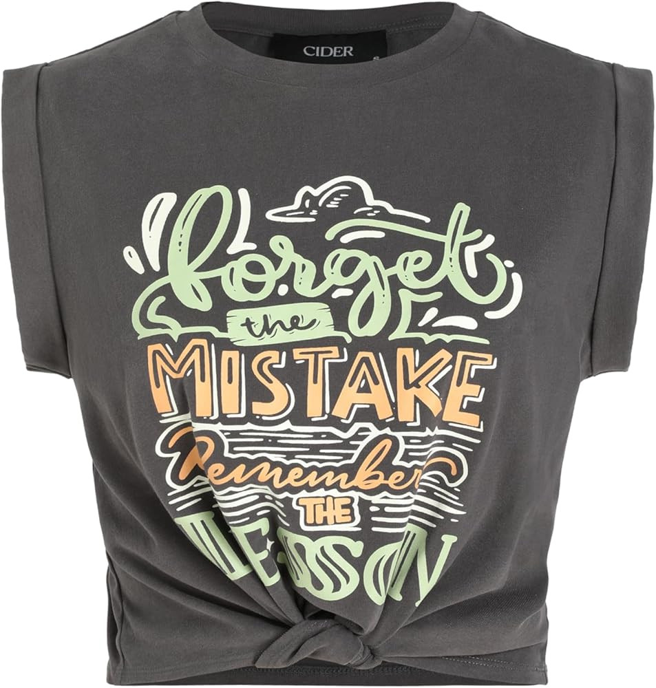 CIDER Round Neckline Graphic Knotted Crop Top | Amazon (US)