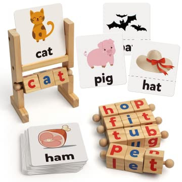 Coogam Wooden Reading Blocks Short Vowel Rods Spelling Games, Flash Cards Turning Rotating Letter Puzzle for Kids, Site Words Montessori Spinning Alphabet Learning Toy for Preschool Boys Girls | Amazon (US)