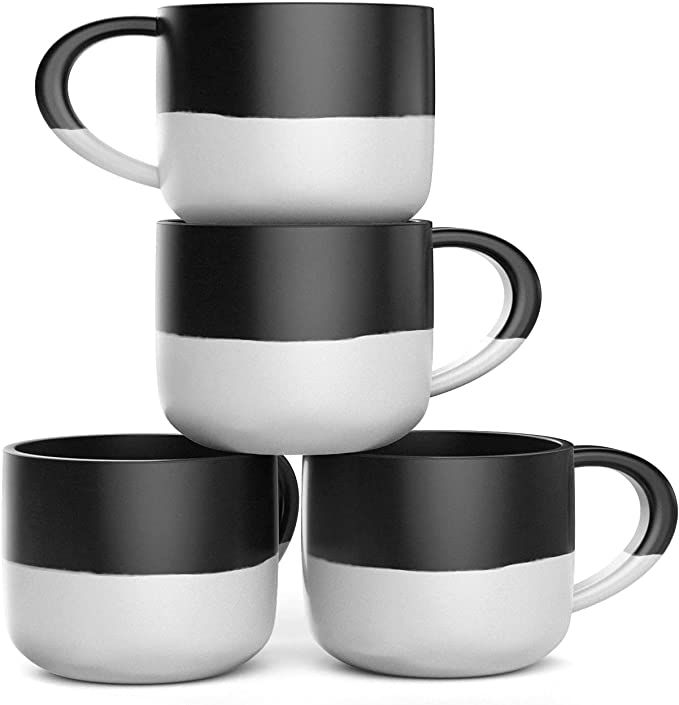 Set of 4 Jumbo 18oz Wide-mouth Soup & Cereal Ceramic Coffee Mugs (Black and White) | Amazon (US)