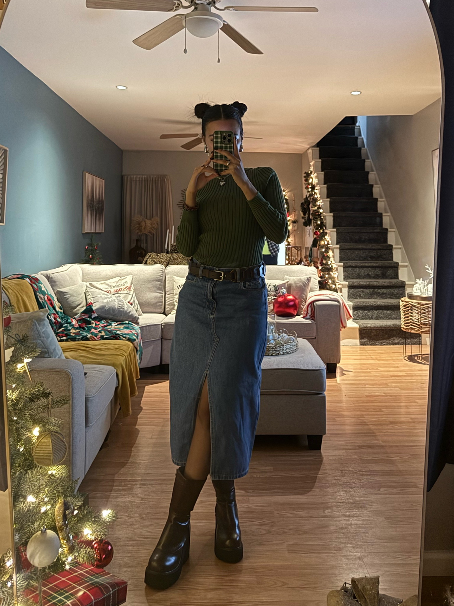 Green long sleeve, long sleeve shirt, brown buckle belt, brown belt, long denim skirt, light denim skirt, long skirt, platform brown boots, platform boots, platforms, silver jewelry, chunky hoop earrings 

#LTKSaleAlert #LTKShoeCrush #LTKStyleTip
