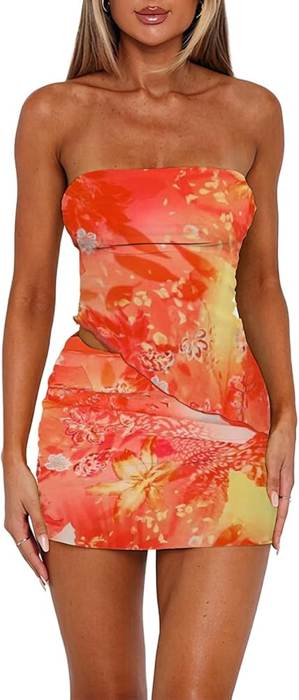 Goafuliy Two Piece Skirt Set for Women Summer Asymmetrical Mesh Strapless Tube Tops Mini Skirt Se... | Amazon (US)