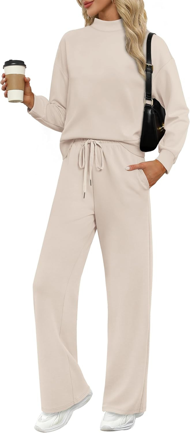 WIHOLL Two Piece Sets for Women Fall Outfits Lounge Sets Mock Neck Tops Wide Leg Pants Vacation Travel Airport Outfits | Amazon (US)