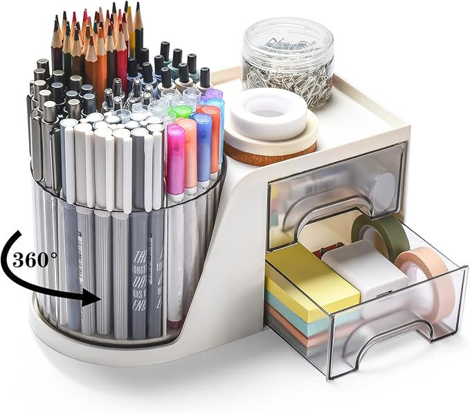Rotating Desk Organizer with 2 Drawer, Pencil Pen Holder for Desk, Desk Organizers and Accessorie... | Amazon (US)