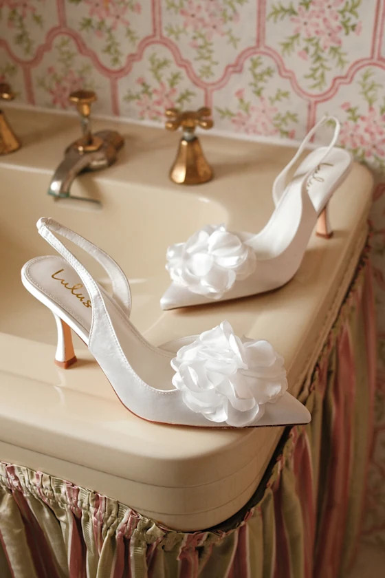 Courtney Ivory Satin Floral Applique Slingback Pumps | Lulus