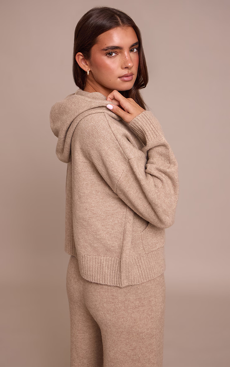 Taupe Zip Through Knitted Hoodie | PrettyLittleThing UK