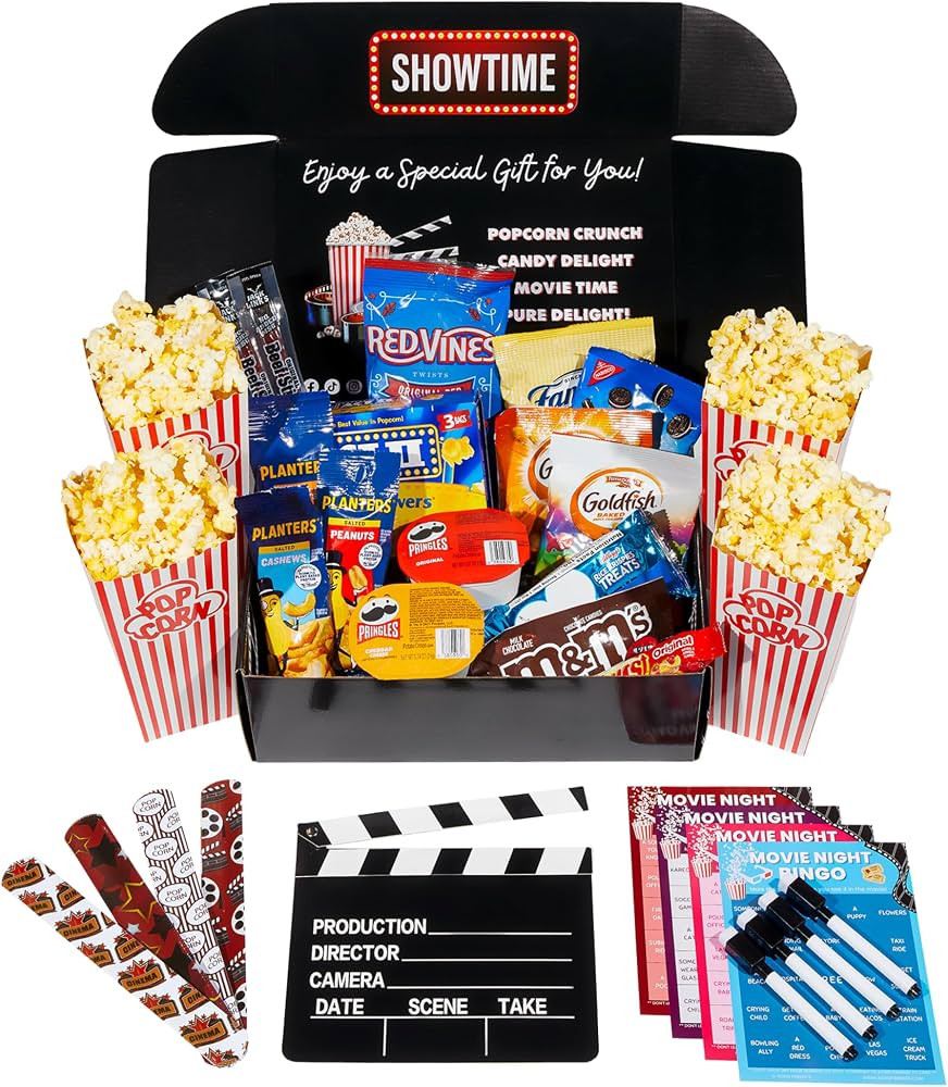 Movie Night Basket Gift Set - Movie Gift Basket for Valentines Day - Popcorn, Candy, Snacks, Bing... | Amazon (US)