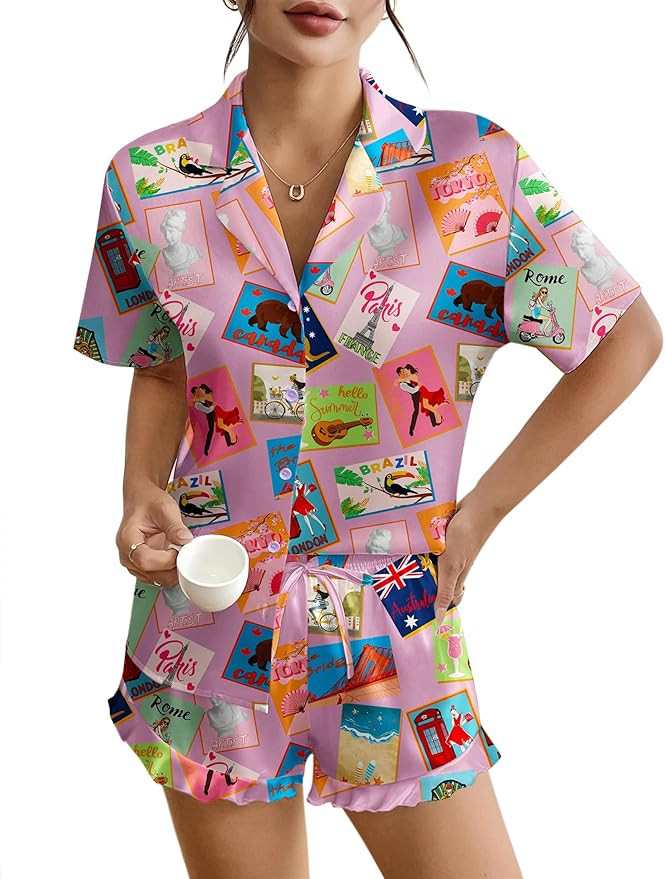 Ekouaer Womens Silk Pajamas Button Down 2 Piece Satin Pjs Shorts Set Ruffle Lingerie Notch Collar... | Amazon (US)