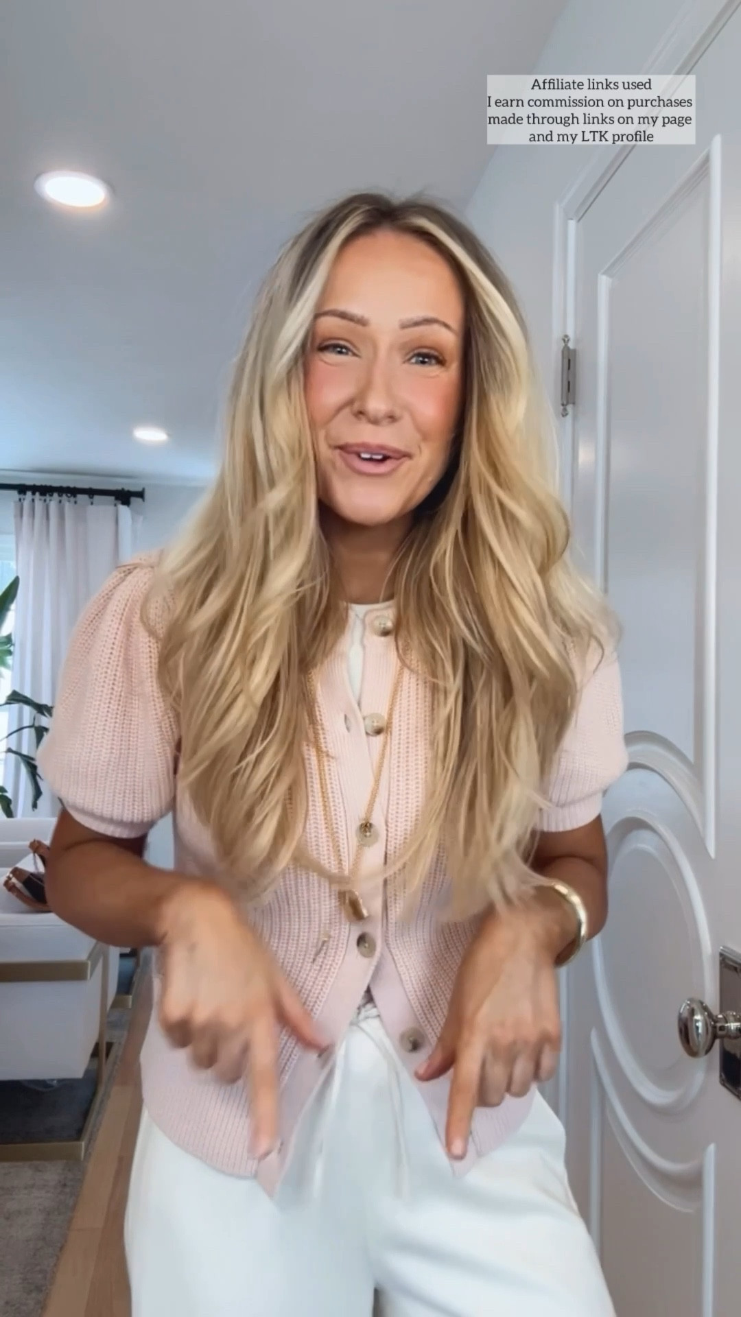 Cute casual spring outfit

Drawstring pants
Pink cardigan sweater
Amazon mesh flats 