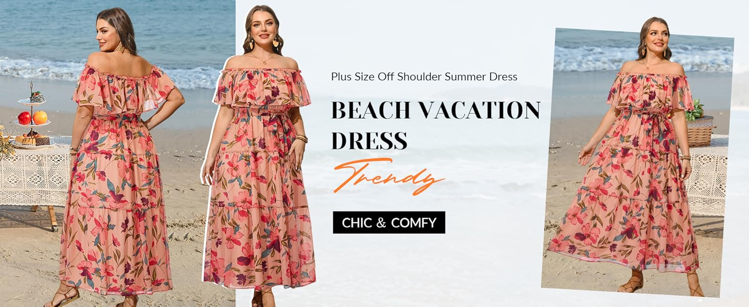 Plus Size Chiffon Off The Shoulder Maxi Long Floral Summer Casual Beach Boho Sundress Women 2024 | Amazon (US)