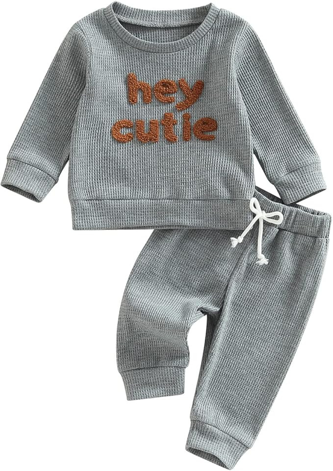 Kupretty Toddler Baby Boy Fall Winter Clothes Embroiderey Waffle Knit Sweatshirt Tops + Jogger Pa... | Amazon (US)