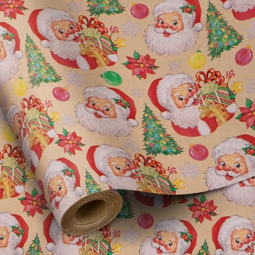 RUSPEPA Kraft Christmas Wrapping Paper Roll - Mini Roll - Santa Claus and Tree Design for Christmas, Holiday, Party Gift Wrap - 17 Inches X 32.8 Feet | Amazon (US)
