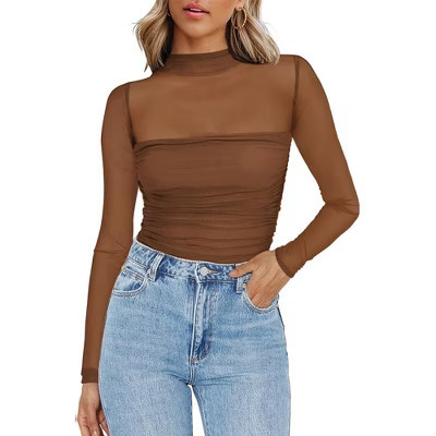 Clearlove Sheer Elegance Mock Neck Top - Women's Breathable Mesh Long Sleeve Shirt Brown M | Target