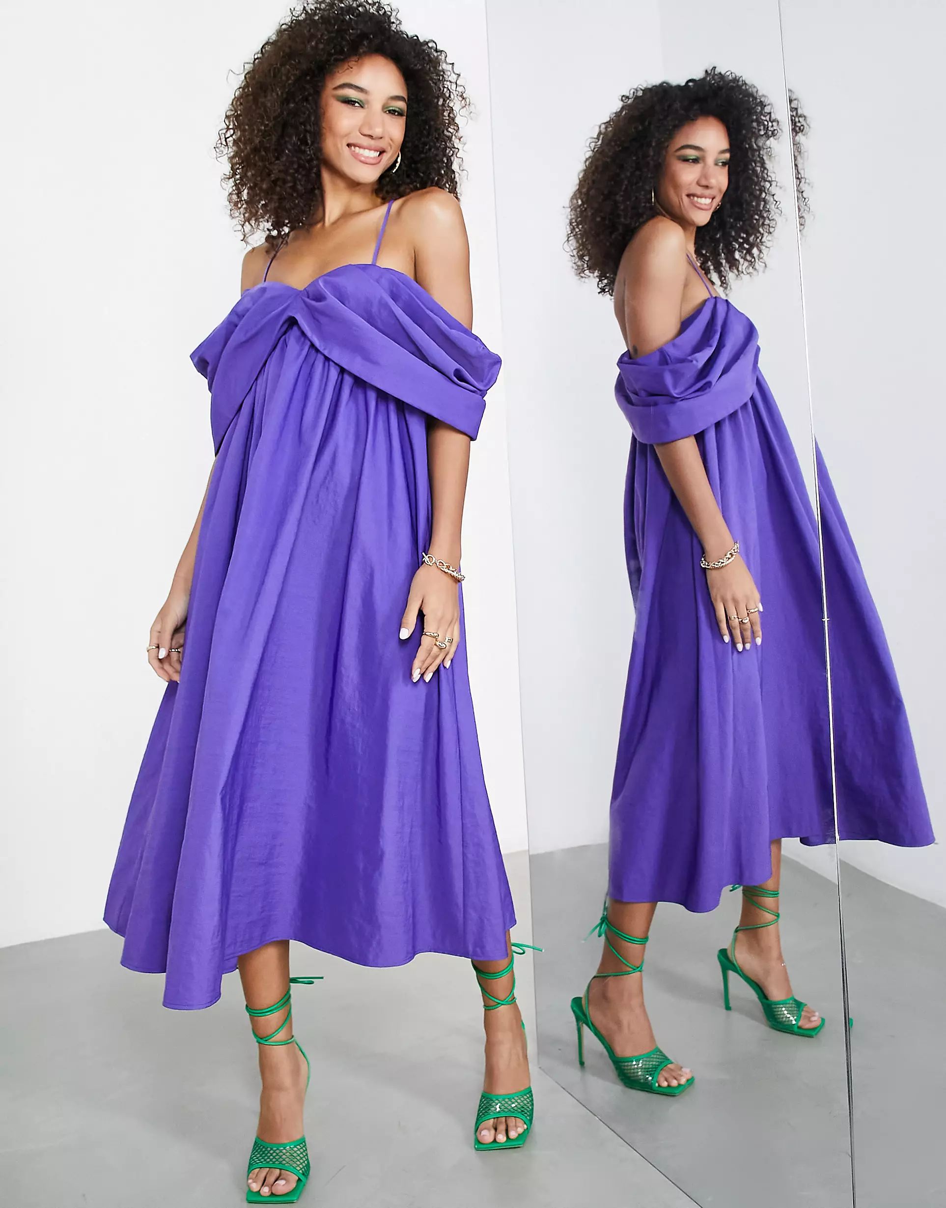 ASOS EDITION drape off-shoulder cami midi dress in purple | ASOS (Global)