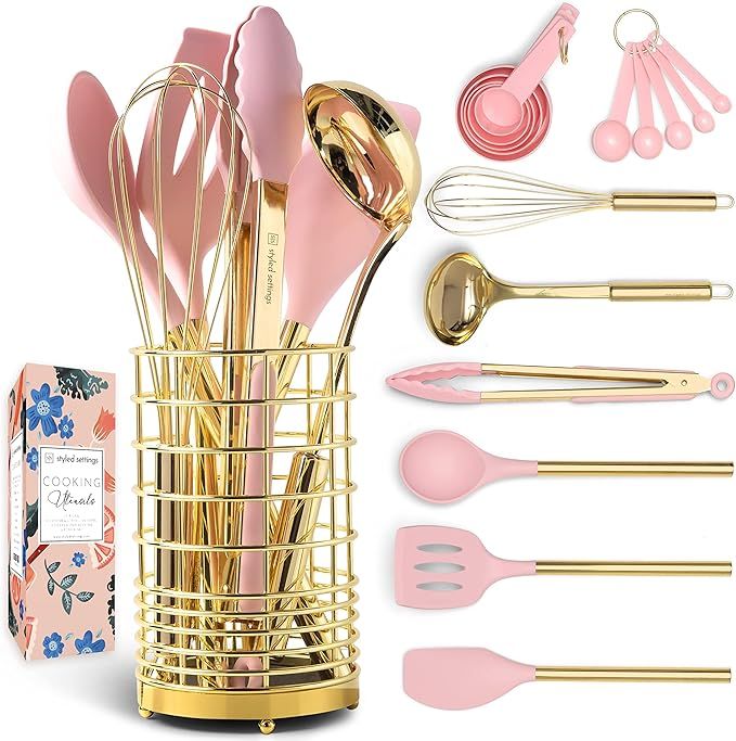 Gold & Pink Kitchen Utensils Set -17 PC Pink Silicone and Gold Cooking Utensils Set Includes: Gol... | Amazon (US)