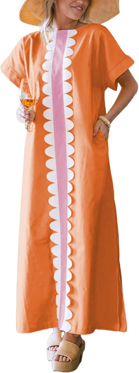 Yidarer Women's T-Shirt Maxi Dress Crew Neck Oversized Color Block Side Split Long Sundress with ... | Amazon (US)