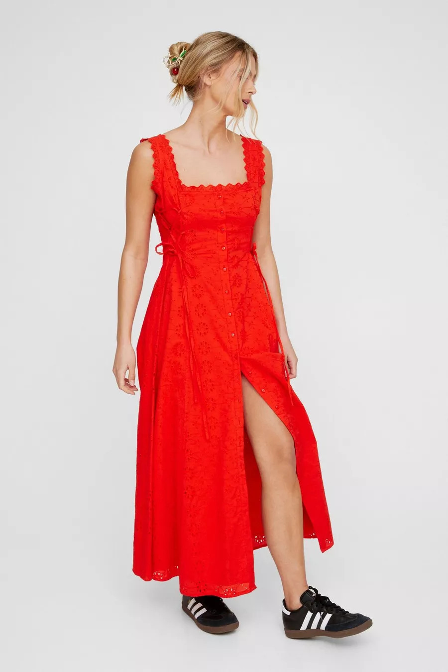 Soft Corset Broderie Lace Up Side Midi Dress | Nasty Gal US