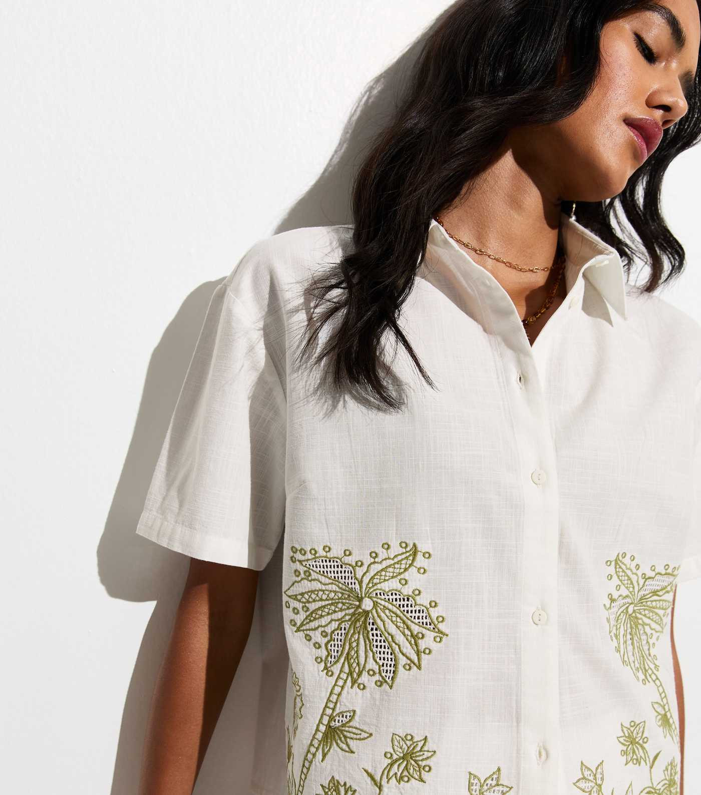 White Woven Palm Embroidered Cotton Beach Shirt | New Look | New Look (UK)