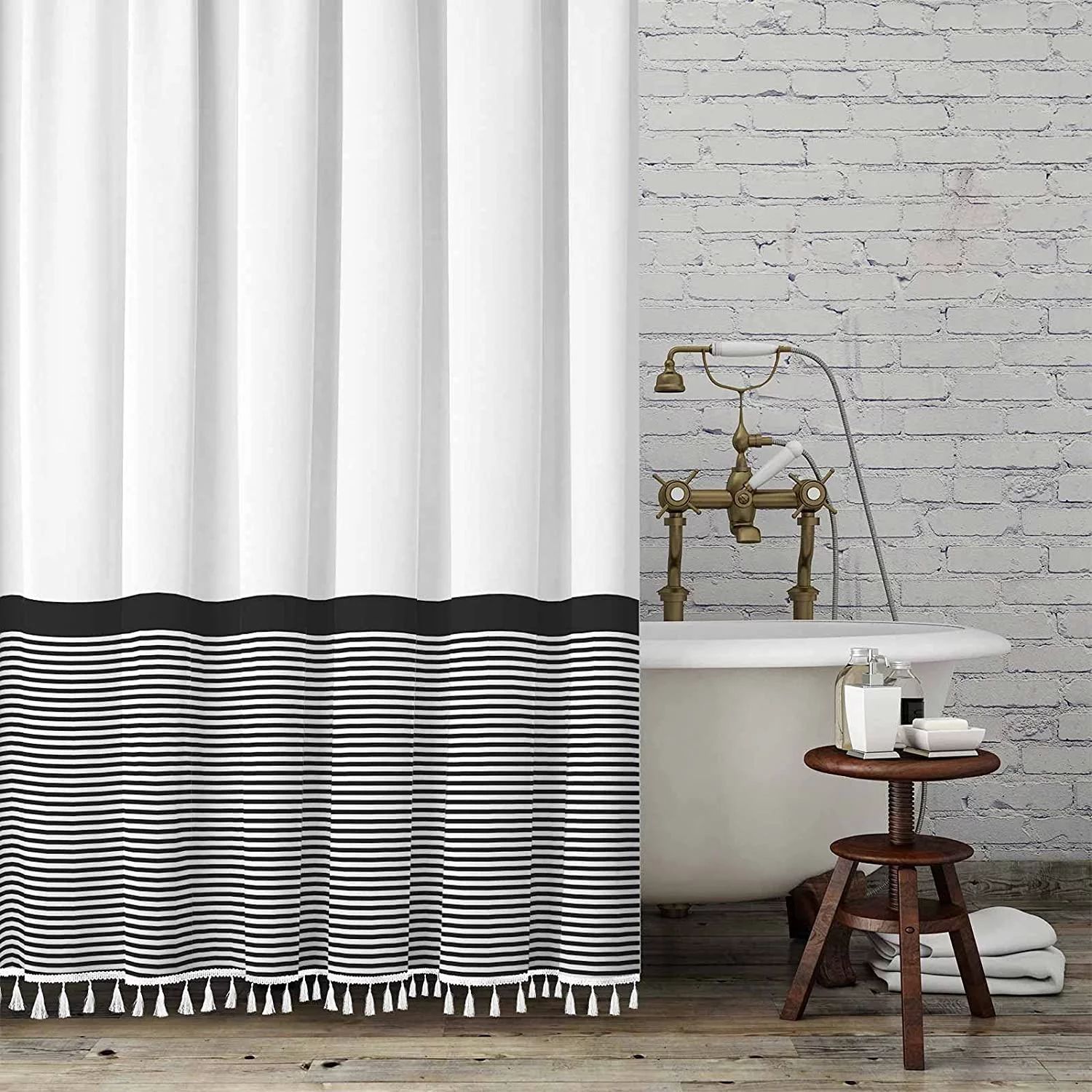 Shower Curtain Black and White Striped with Tassel Modern Farmhouse Fabric Bathroom Curtains, Wat... | Walmart (US)