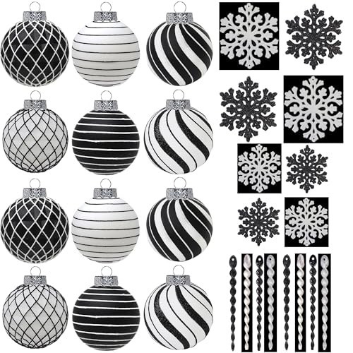 SLEETLY 28pk Black and White Christmas Ball Ornaments for Tree Decorations - Holiday Xmas Shatterproof Plastic Balls, Icicles and Snowflakes Ornament Set | Amazon (US)