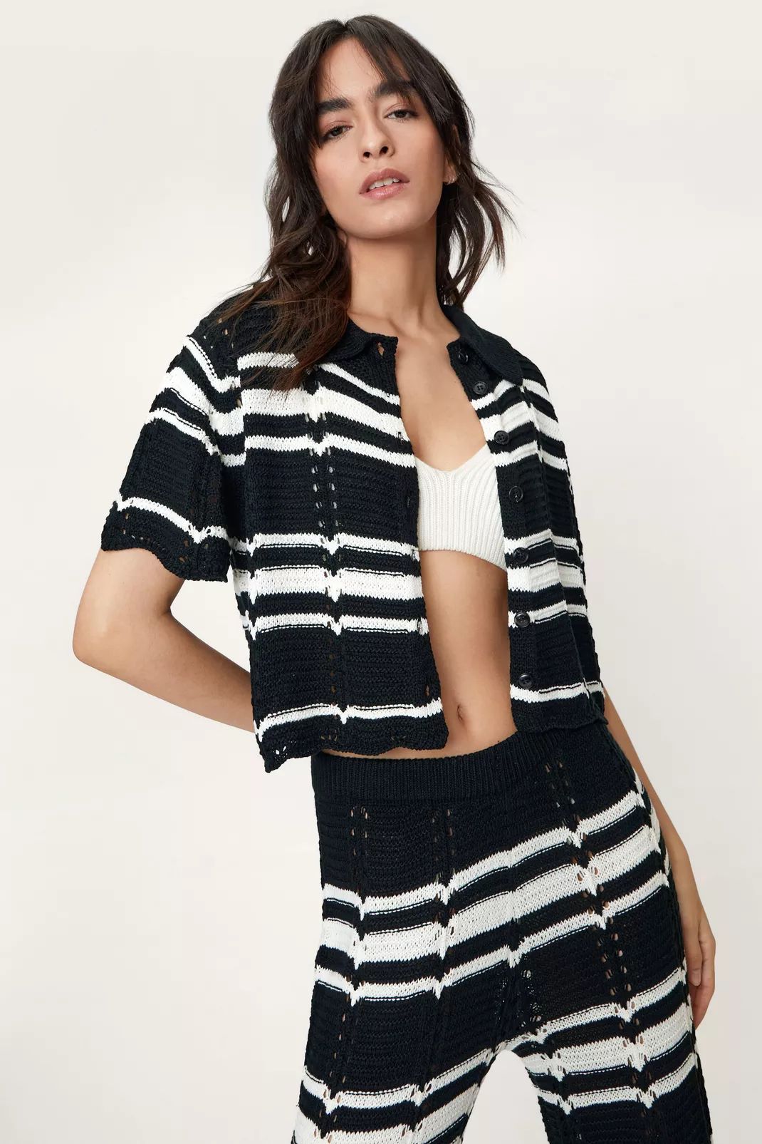 Crochet Stripe Collared Oversized Shirt | Nasty Gal (US)