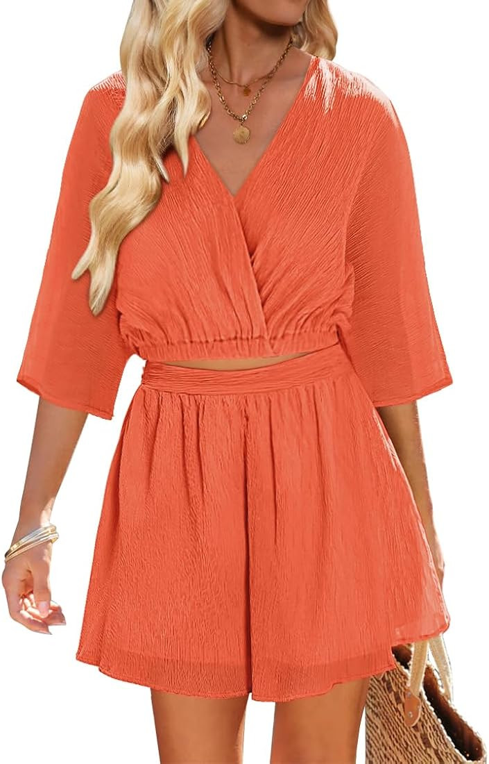 Vetinee 2 Piece Outfits for Women Summer Textured Crop Tops and Elastic Wasit Flowy Shorts Skort ... | Amazon (US)