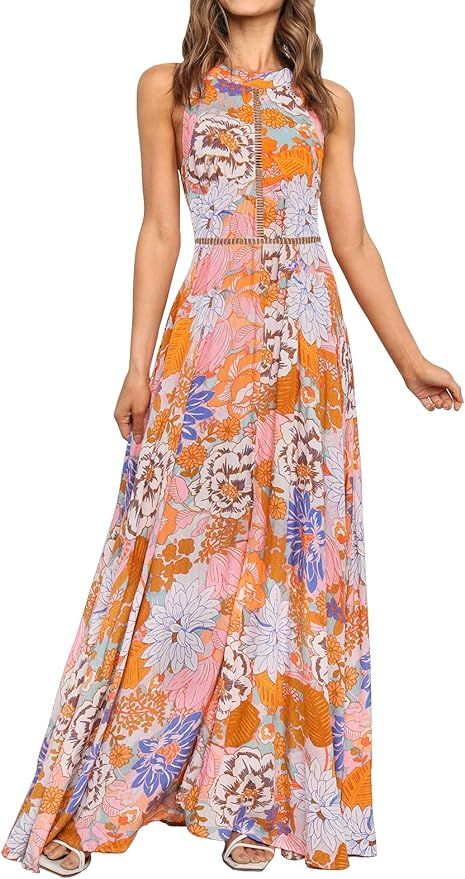 ZESICA Women's 2023 Summer Halter Neck Floral Print Backless Split Beach Party Maxi Dress,Tangeri... | Amazon (US)