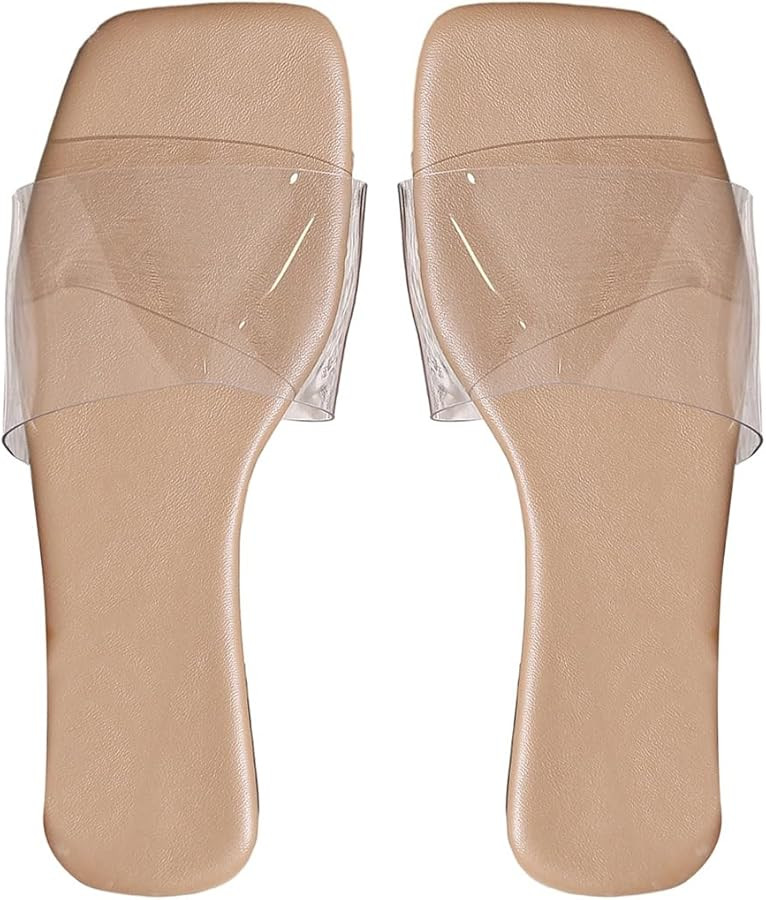 Verdusa Clear Sandals For Women Square Toe Slides Summer Slip On Flat Sandals | Amazon (US)