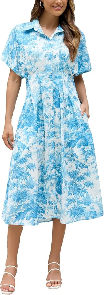 Ladyful Womens Button Down Shirt Dress Flowy Floral Printed Midi Dress Casual Short Sleeve Summer... | Amazon (US)
