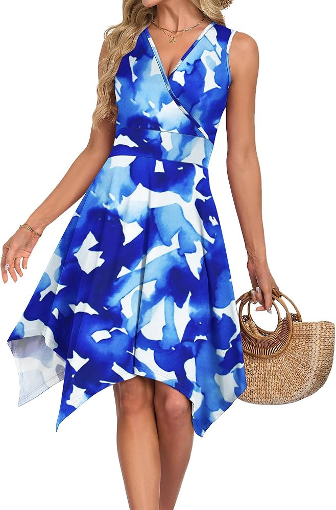 AUSELILY Summer Dresses for Women 2026 Casual Sleeveless V Neck Wrap Asymmetrical Sundress with P... | Amazon (US)