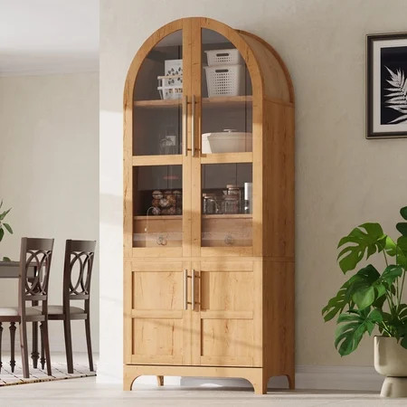 HSUNNS 71" Tall Kitchen Pantry Cabinet with Arched Glass Doors and Adjustable Shelves, Freestanding Modern Farmhouse Hutch Cupboard, Wooden Storage Cabinets for Kitchen Dining Room, Natrual | Walmart (US)