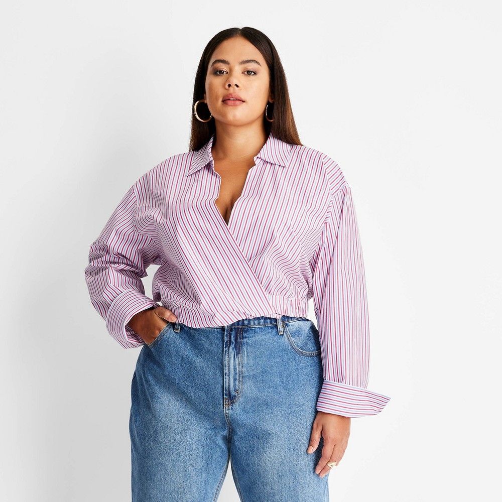 Women's Plus Size Striped Long Sleeve Crop Blouse - Future Collective with Kahlana Barfield Brown Bl | Target