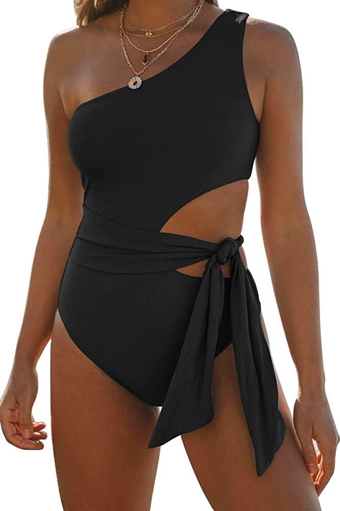 LILLUSORY Women One Piece Swimsuits Sexy One Shoulder Monokinis Tummy Control Tie Side Cut Out Bathi | Amazon (US)