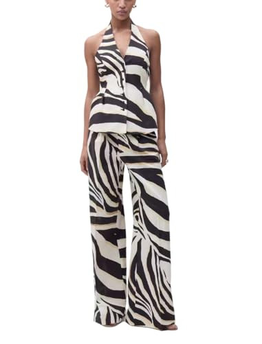 2 Piece Outfits for Women Pants Sets Zebra Print Halter Vest Top and Wide Leg Pants Dailywear Sum... | Amazon (US)